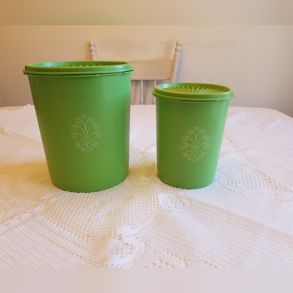 Vintage Set of 2 Tupperware Apple Extreme Green Sevalier Canisters with Lids